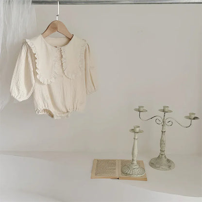 長袖ロンパース ベビーロンパース うさ耳ビッグ襟リボン刺繍長袖ボディスーツ アプリコット【mh0007725】