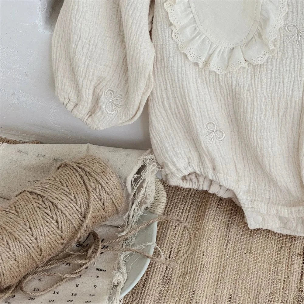 長袖ロンパース ベビーロンパース うさ耳ビッグ襟リボン刺繍長袖ボディスーツ アプリコット【mh0007725】