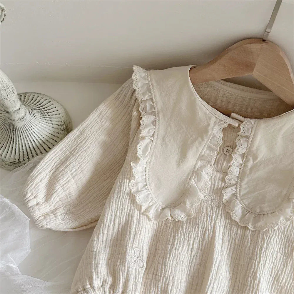 長袖ロンパース ベビーロンパース うさ耳ビッグ襟リボン刺繍長袖ボディスーツ アプリコット【mh0007725】