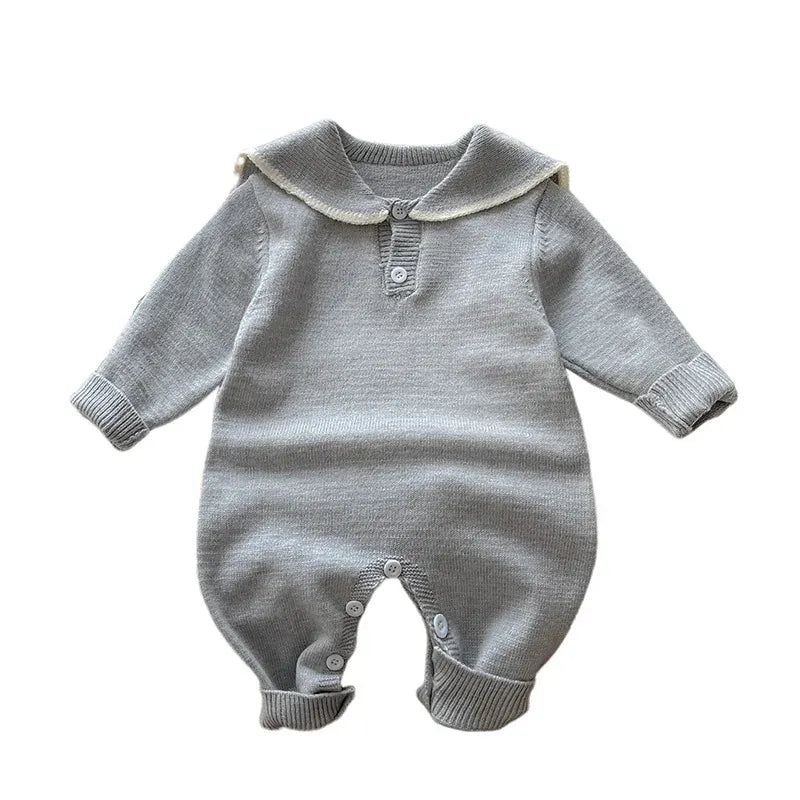 長袖ロンパース ベビーロンパース ボーダー/無地セーラーカラーニット長袖ジャンプスーツ【mh0007737】