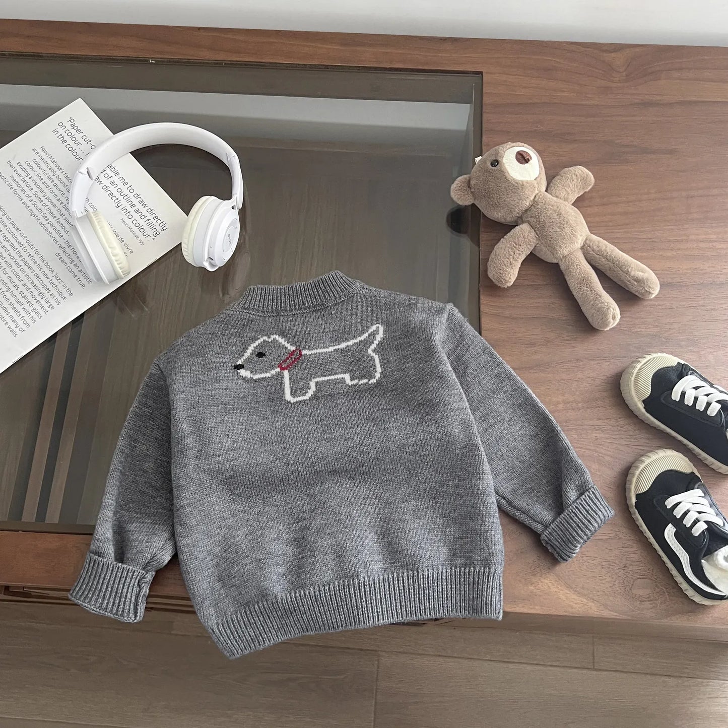 長袖セットアップ ベビーキッズカーディガン/パンツ 犬ドッグ刺繍ニットカーディガンジャケット/くまぬいぐるみデニムパンツ【mh0007741】