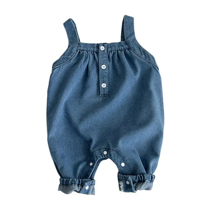 長袖セットアップ ベビートップス/サロペットパンツ 丸襟フラワープリント長袖ブラウス/デニムサスペンダージャンプスーツ【mh0007742】