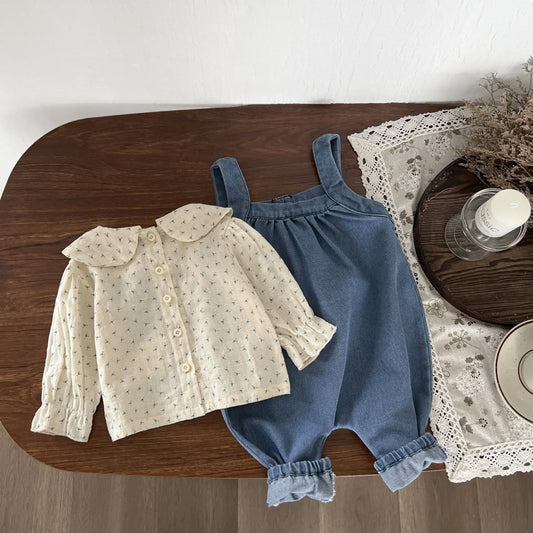 長袖セットアップ ベビートップス/サロペットパンツ 丸襟フラワープリント長袖ブラウス/デニムサスペンダージャンプスーツ【mh0007742】
