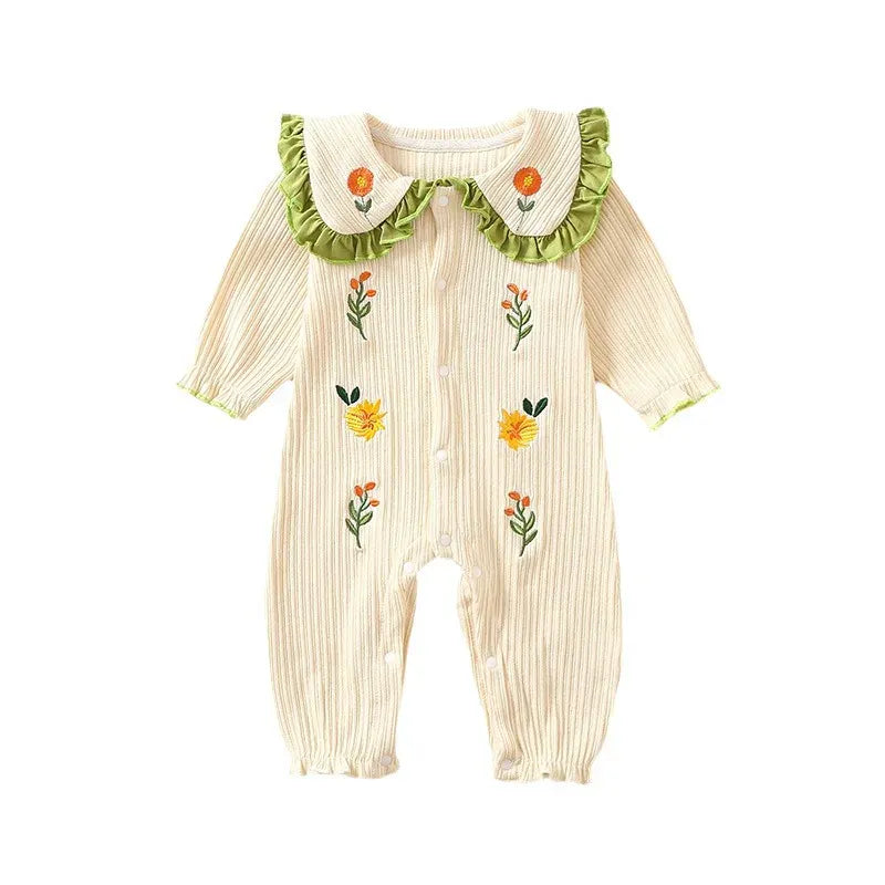 長袖ロンパース ベビーロンパース フラワー刺繍フリル襟長袖ジャンプスーツ【mh0007750】