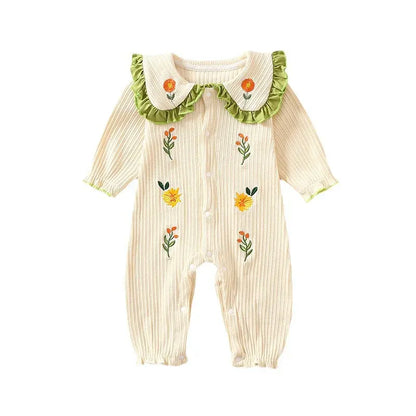 長袖ロンパース ベビーロンパース フラワー刺繍フリル襟長袖ジャンプスーツ【mh0007750】