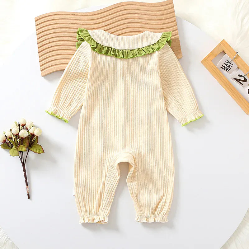 長袖ロンパース ベビーロンパース フラワー刺繍フリル襟長袖ジャンプスーツ【mh0007750】