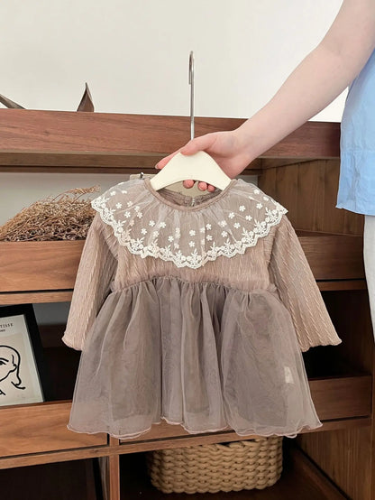 長袖ワンピース ベビーワンピース フラワー刺繍レーススカート長袖ドレスワンピース【mh0007760】