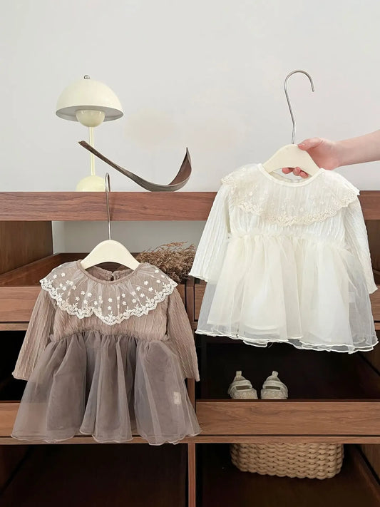 長袖ワンピース ベビーワンピース フラワー刺繍レーススカート長袖ドレスワンピース【mh0007760】