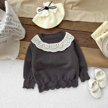 ニット・セーター ベビートップス レースラッフル襟ニット長袖セーター【mh0007761】