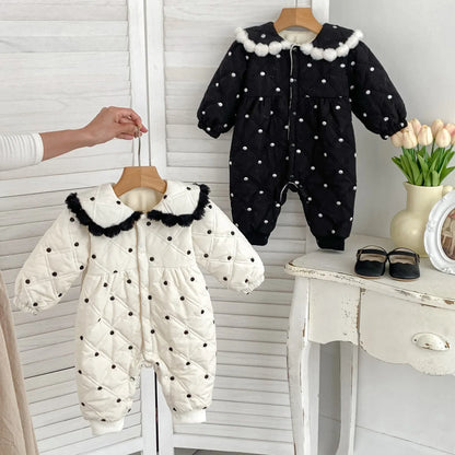 アウタージャンプスーツ ベビーアウタージャンプスーツ 水玉ドットキルティングぽんぽん防寒長袖ロンパース【mh0007771】