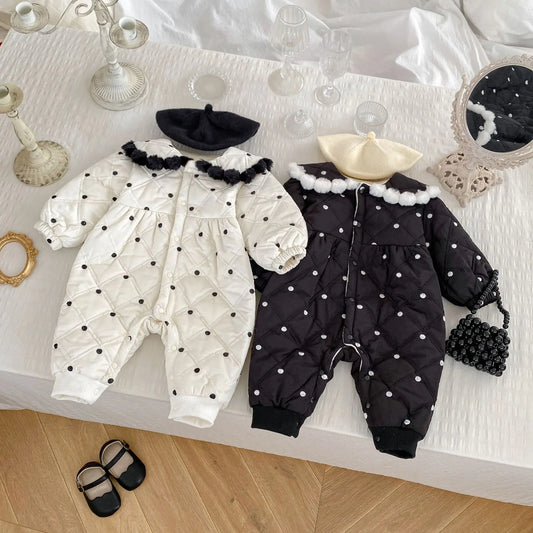 アウタージャンプスーツ ベビーアウタージャンプスーツ 水玉ドットキルティングぽんぽん防寒長袖ロンパース【mh0007771】
