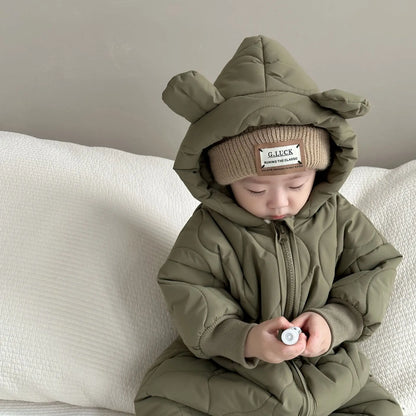 アウタージャンプスーツ ベビーアウタージャンプスーツ なみなみキルティングくま耳フーディジップアップ防寒ロンパース【mh0007796】