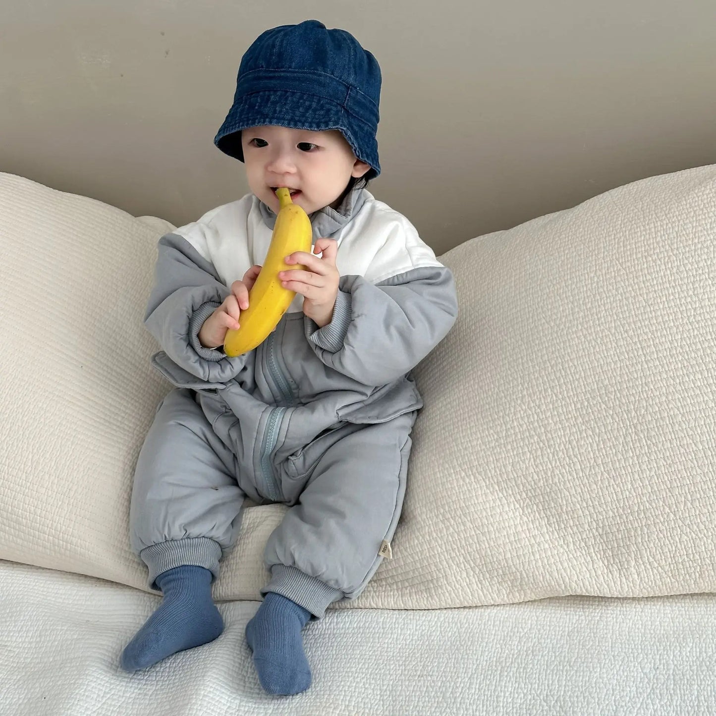 アウタージャンプスーツ ベビーアウタージャンプスーツ パッチワーク切り替えパデッドジップアップ長袖ロンパース【mh0007823】