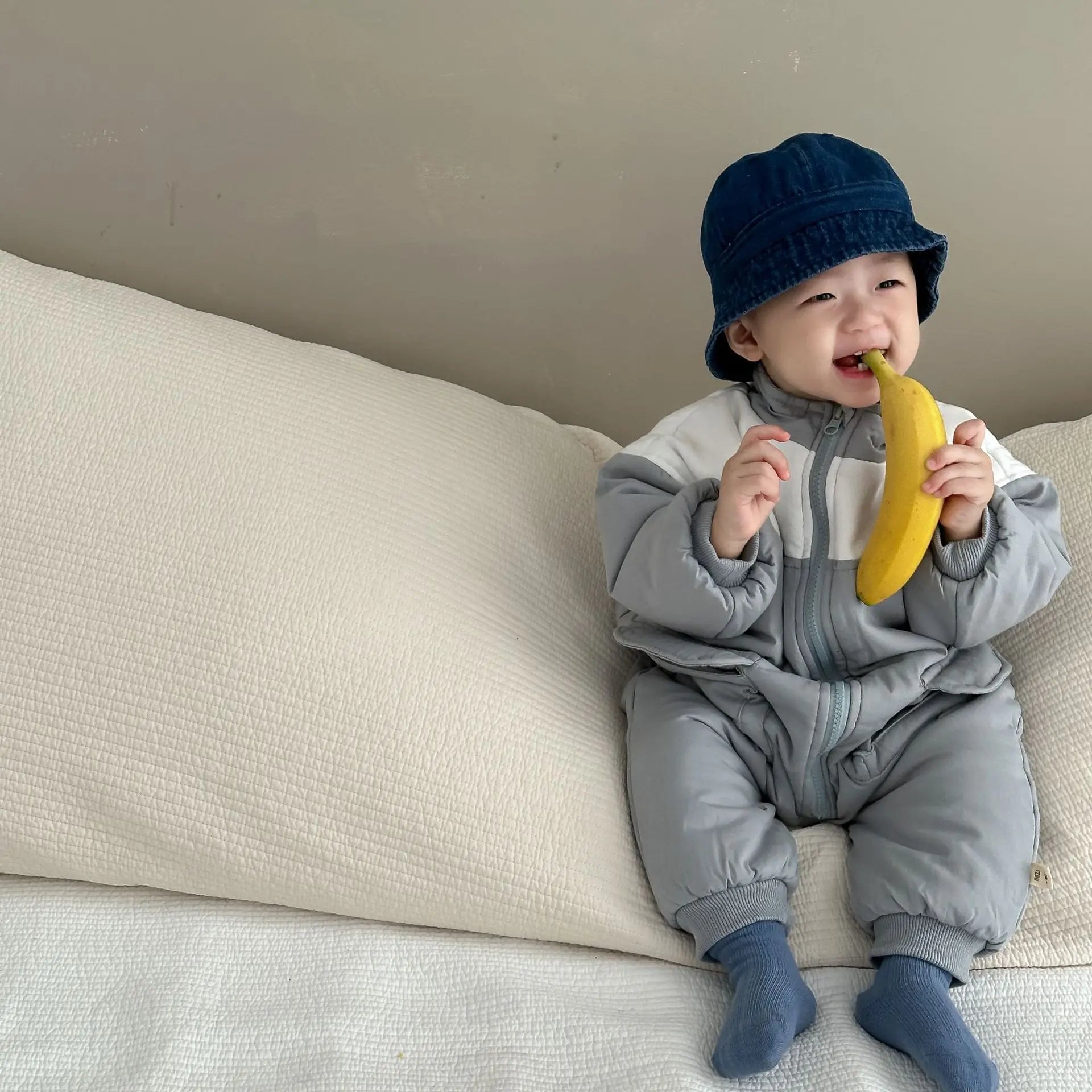 アウタージャンプスーツ ベビーアウタージャンプスーツ パッチワーク切り替えパデッドジップアップ長袖ロンパース【mh0007823】