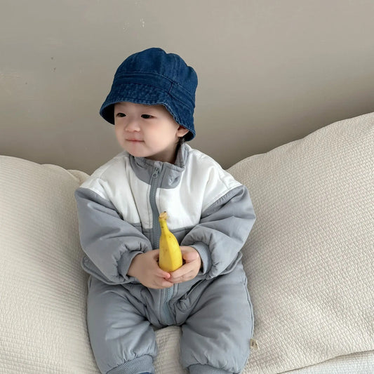 アウタージャンプスーツ ベビーアウタージャンプスーツ パッチワーク切り替えパデッドジップアップ長袖ロンパース【mh0007823】