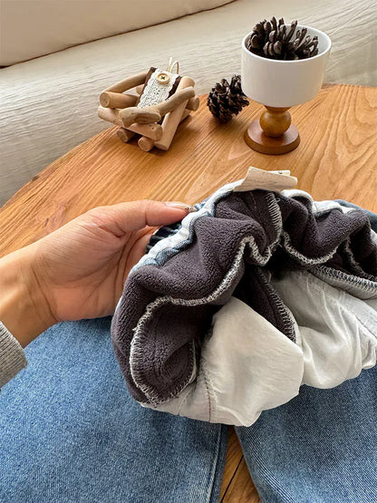 デニムパンツ キッズパンツ 裏ボアフリース防寒デニムワイドバギージーンズパンツ【mh0007849】