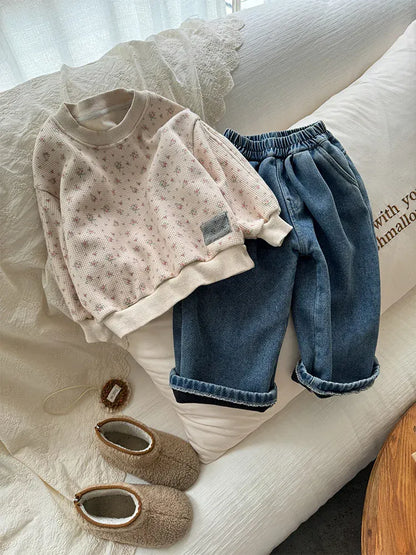 デニムパンツ キッズパンツ 裏ボアフリース防寒デニムワイドバギージーンズパンツ【mh0007849】