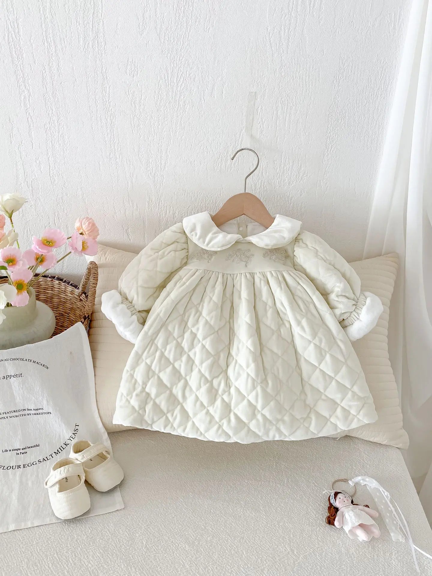 長袖ワンピース ベビーワンピース キルティングパデッド丸襟長袖防寒ワンピース【mh0007863】