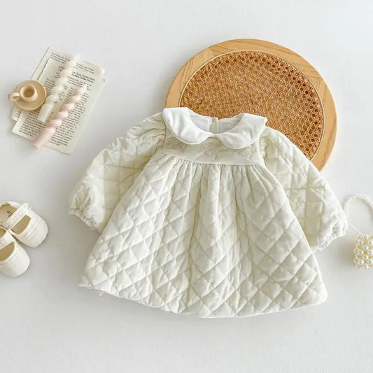 長袖ワンピース ベビーワンピース キルティングパデッド丸襟長袖防寒ワンピース【mh0007863】