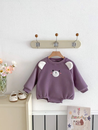 長袖ロンパース ベビーロンパース アニマルフェイス耳付き裏フリース長袖ボディスーツ【mh0007865】