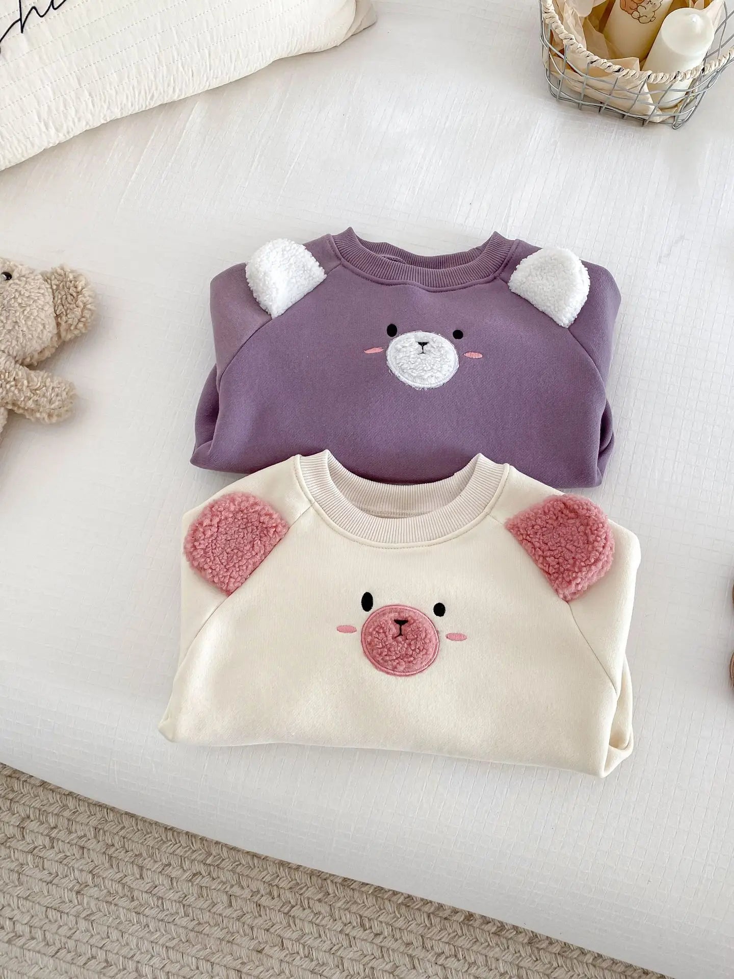 長袖ロンパース ベビーロンパース アニマルフェイス耳付き裏フリース長袖ボディスーツ【mh0007865】