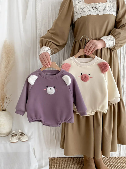 長袖ロンパース ベビーロンパース アニマルフェイス耳付き裏フリース長袖ボディスーツ【mh0007865】