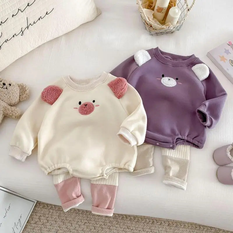 長袖ロンパース ベビーロンパース アニマルフェイス耳付き裏フリース長袖ボディスーツ【mh0007865】