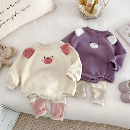 長袖ロンパース ベビーロンパース アニマルフェイス耳付き裏フリース長袖ボディスーツ【mh0007865】