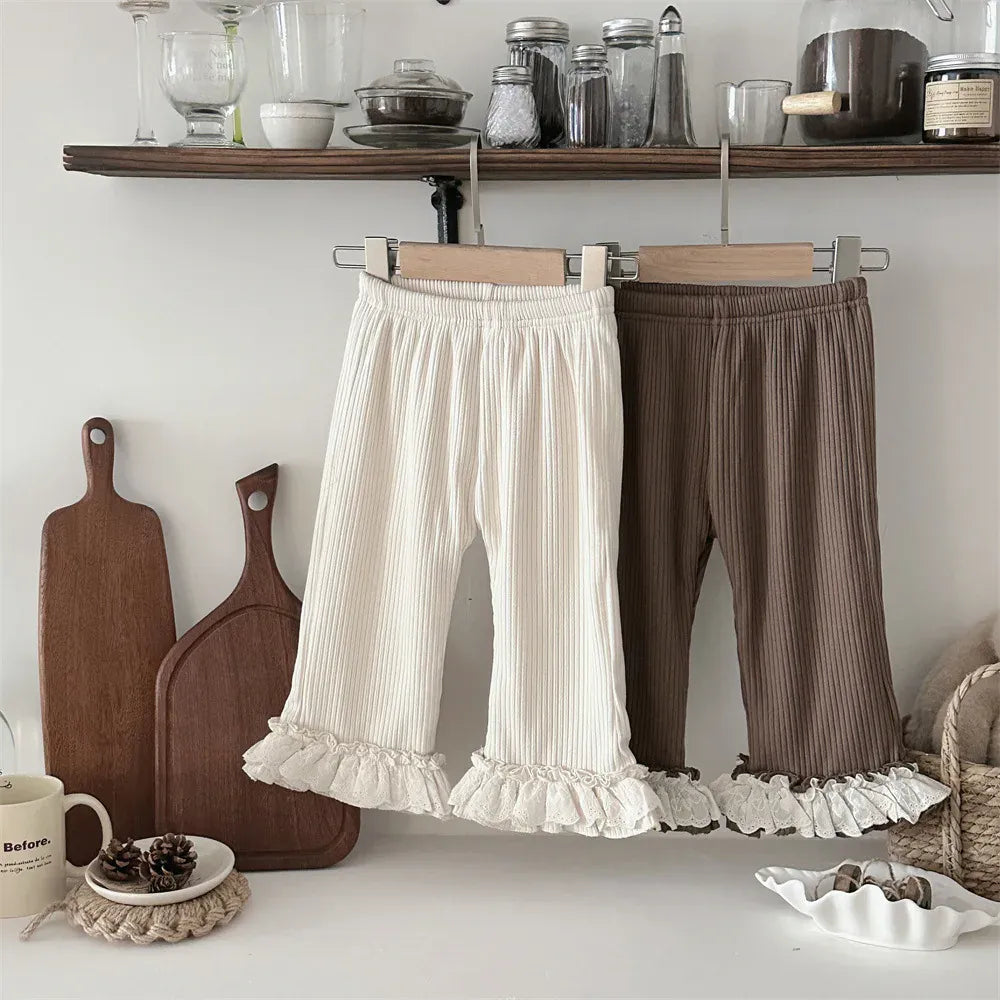 レギンスパンツ ベビーパンツ 裾ボリュームレースフリル裏フリースリブレギンスパンツ【mh0007866】