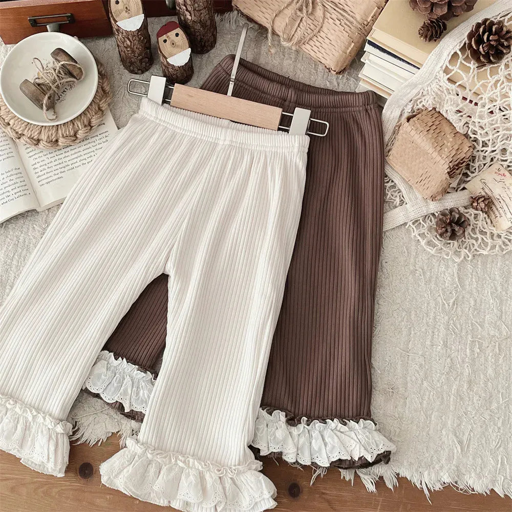 レギンスパンツ ベビーパンツ 裾ボリュームレースフリル裏フリースリブレギンスパンツ【mh0007866】