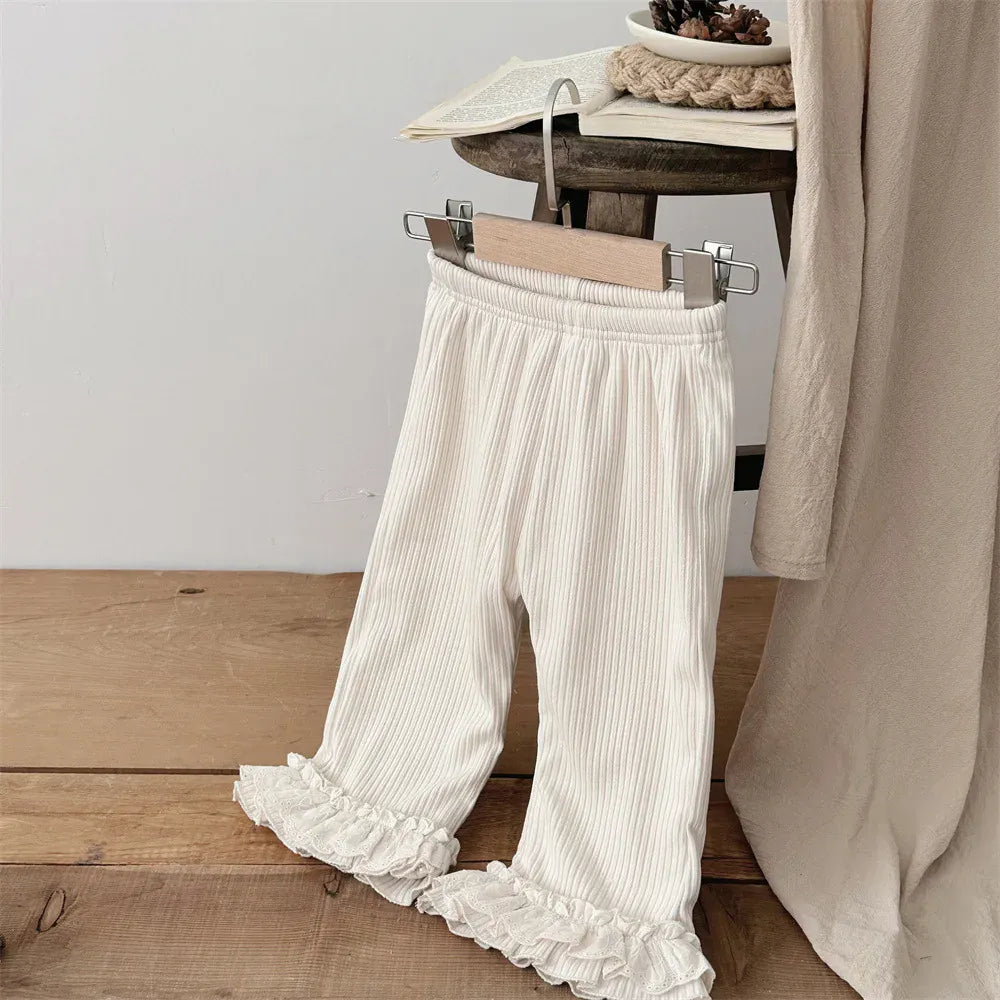 レギンスパンツ ベビーパンツ 裾ボリュームレースフリル裏フリースリブレギンスパンツ【mh0007866】