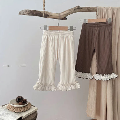 レギンスパンツ ベビーパンツ 裾ボリュームレースフリル裏フリースリブレギンスパンツ【mh0007866】