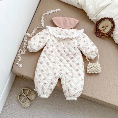 アウタージャンプスーツ ベビーアウタージャンプスーツ フラワープリントフリルレース襟リボンキルティングパデッド長袖ロンパース【mh0007871】