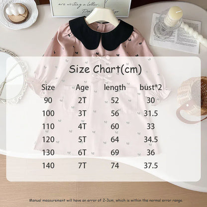 長袖ワンピース キッズワンピース リボンプリントフラワー襟長袖ワンピース【mh0007899】