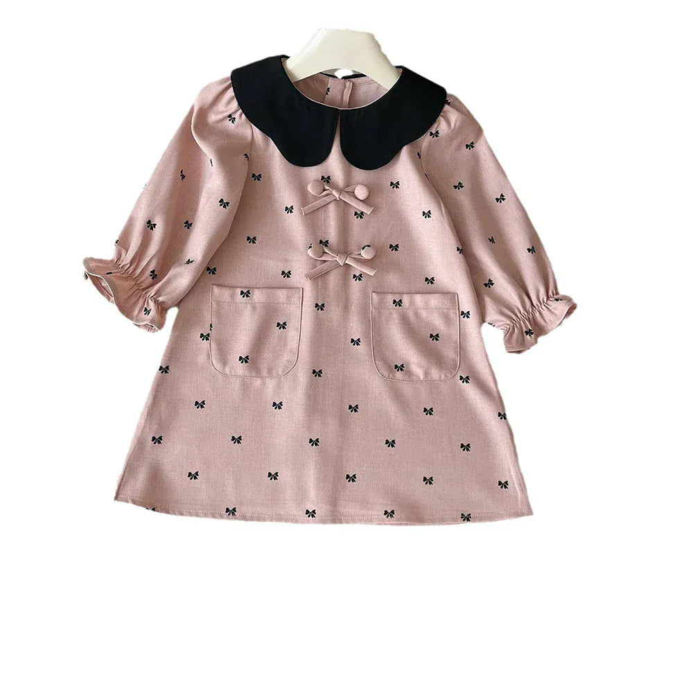 長袖ワンピース キッズワンピース リボンプリントフラワー襟長袖ワンピース【mh0007899】