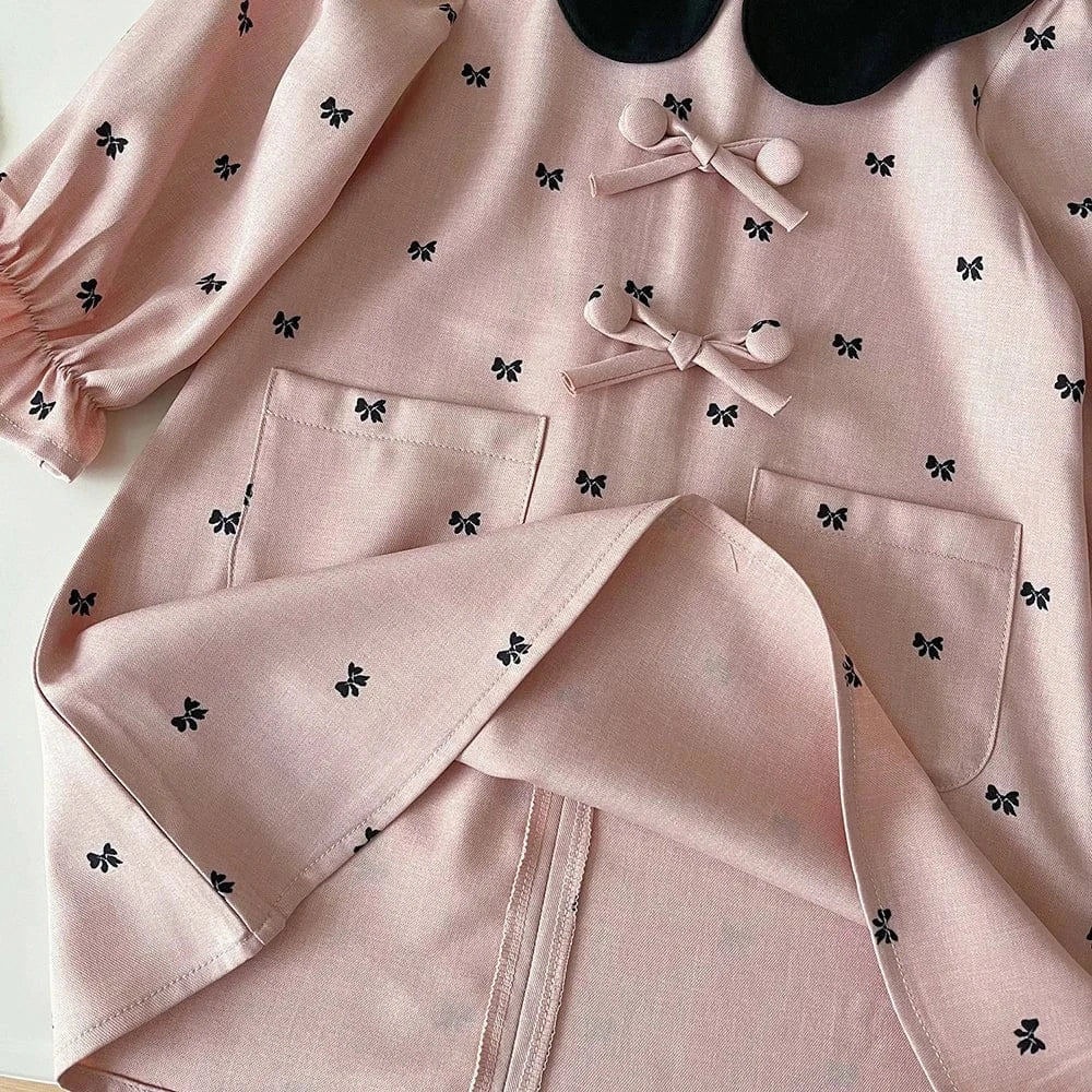 長袖ワンピース キッズワンピース リボンプリントフラワー襟長袖ワンピース【mh0007899】