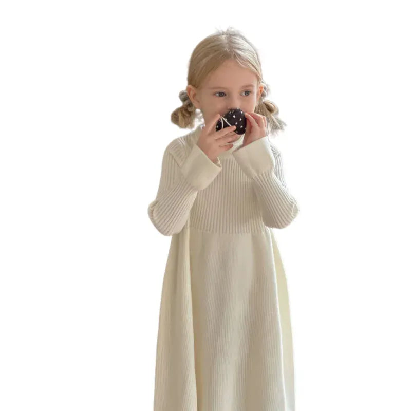 長袖ワンピース キッズワンピース レトロシンプルニット長袖ベルスリーブワンピース【mh0007903】