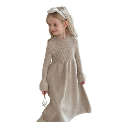 長袖ワンピース キッズワンピース レトロシンプルニット長袖ベルスリーブワンピース【mh0007903】