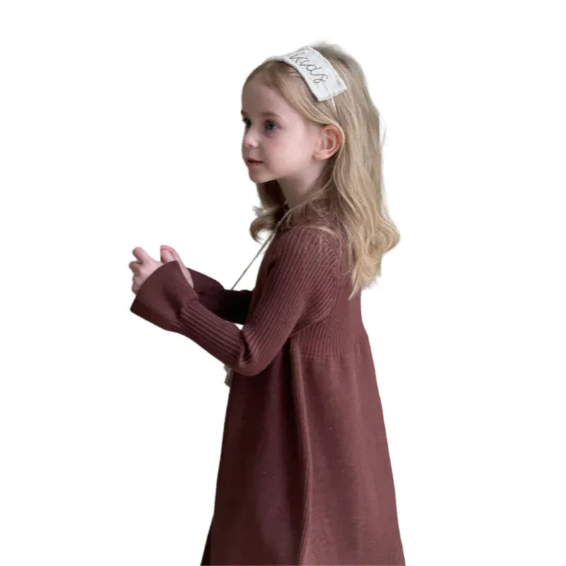 長袖ワンピース キッズワンピース レトロシンプルニット長袖ベルスリーブワンピース【mh0007903】