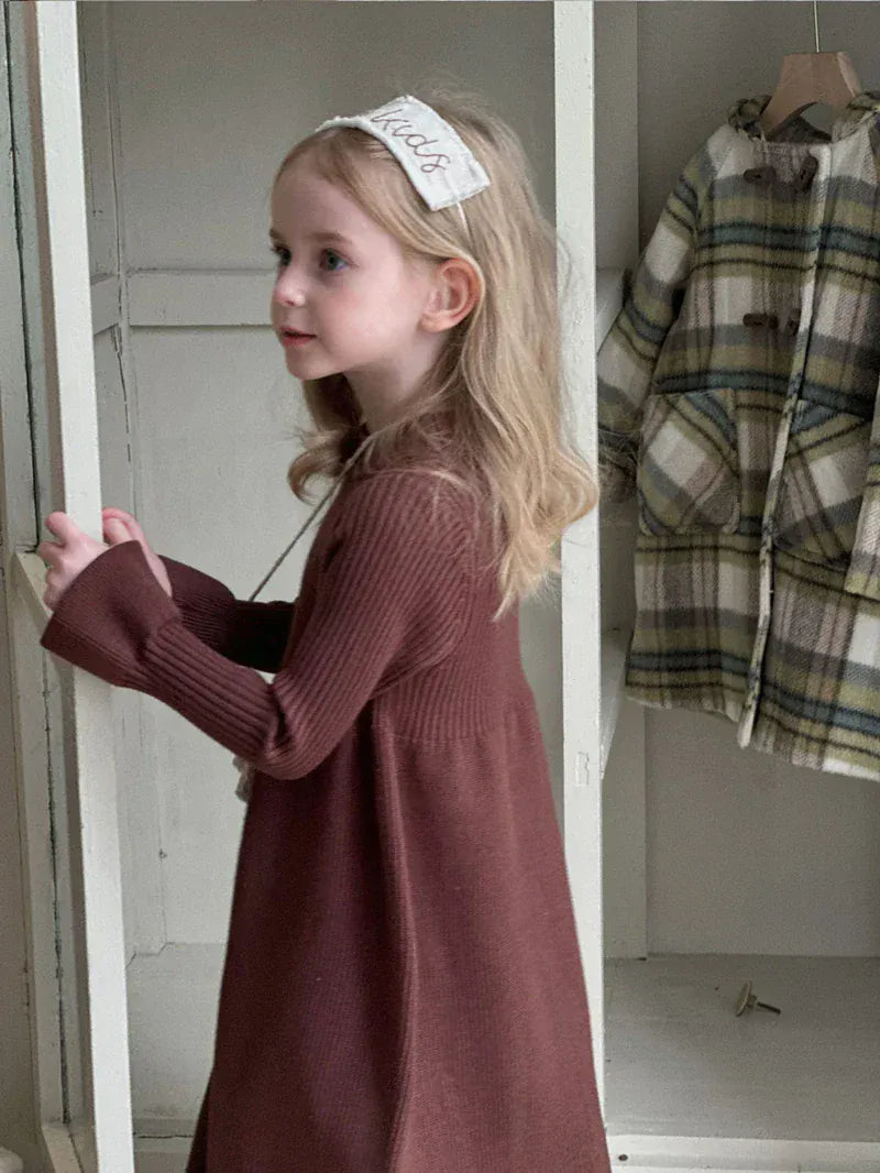 長袖ワンピース キッズワンピース レトロシンプルニット長袖ベルスリーブワンピース【mh0007903】