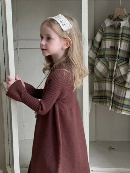 長袖ワンピース キッズワンピース レトロシンプルニット長袖ベルスリーブワンピース【mh0007903】
