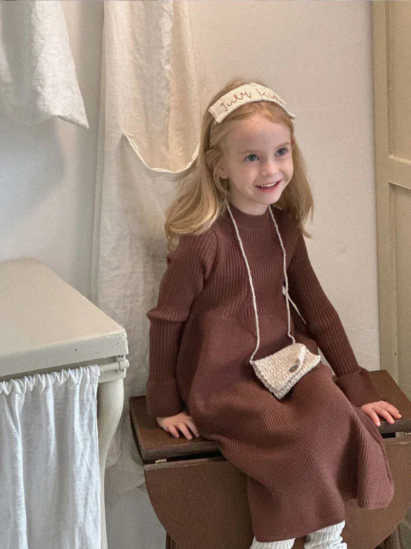 長袖ワンピース キッズワンピース レトロシンプルニット長袖ベルスリーブワンピース【mh0007903】