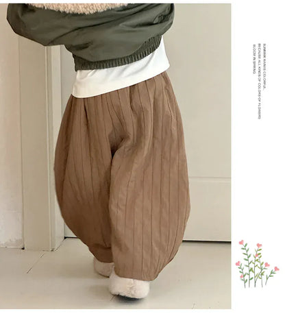 ロングパンツ・スウェットパンツ キッズパンツ キルティングストライプ裏フリース防寒コクーンロングパンツ【mh0007921】