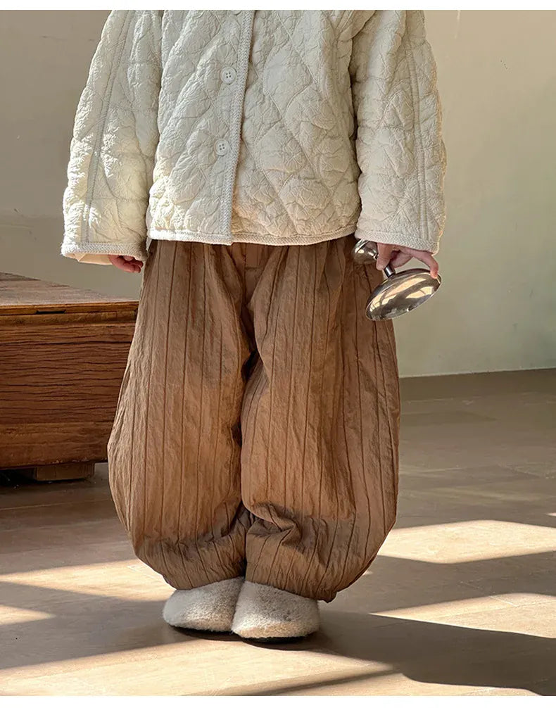 ロングパンツ・スウェットパンツ キッズパンツ キルティングストライプ裏フリース防寒コクーンロングパンツ【mh0007921】