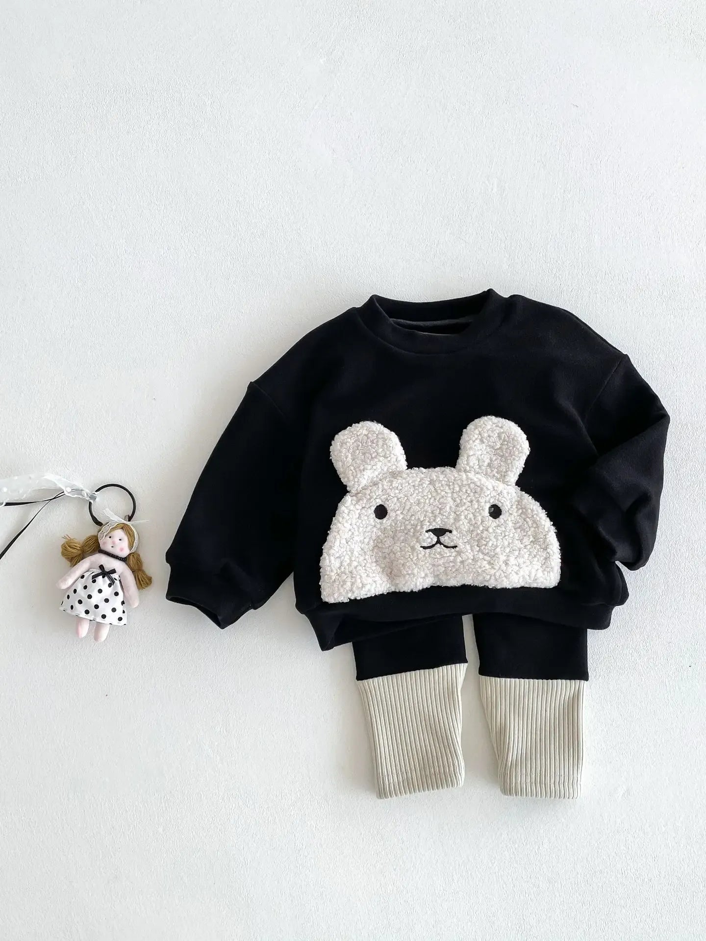 長袖セットアップ ベビーキッズトップス/パンツ うさぎバニーフェイスアップリケ長袖スウェットシャツ/切り替えパッチワークレギンスパンツ【mh0007948】