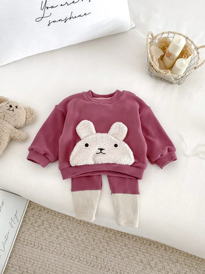 長袖セットアップ ベビーキッズトップス/パンツ うさぎバニーフェイスアップリケ長袖スウェットシャツ/切り替えパッチワークレギンスパンツ【mh0007948】