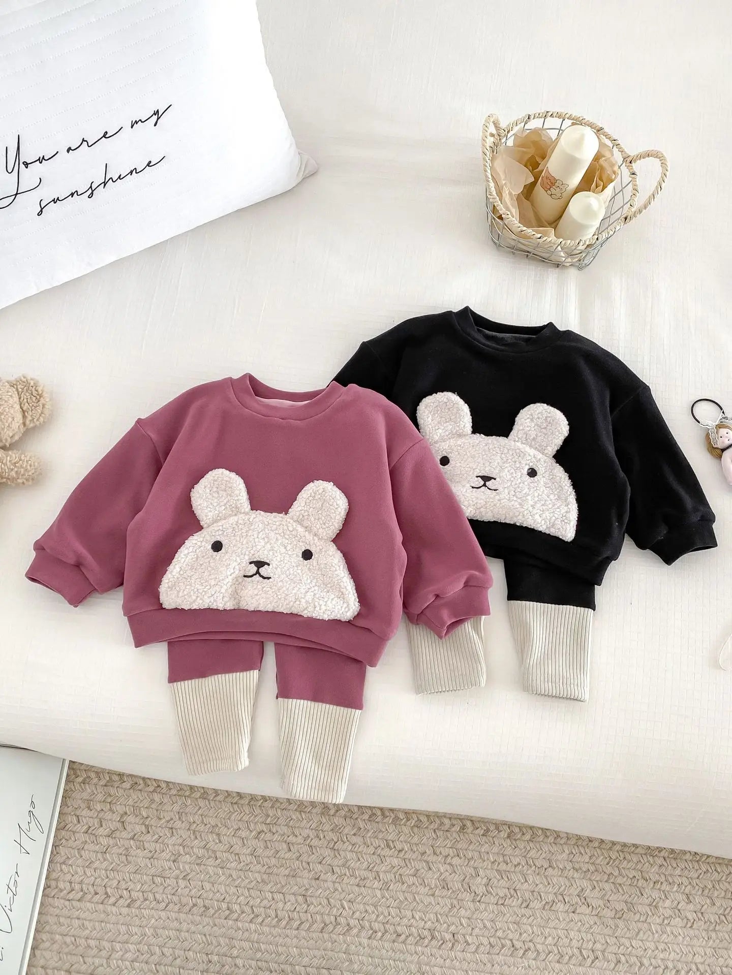 長袖セットアップ ベビーキッズトップス/パンツ うさぎバニーフェイスアップリケ長袖スウェットシャツ/切り替えパッチワークレギンスパンツ【mh0007948】