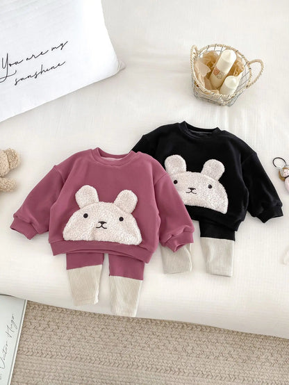 長袖セットアップ ベビーキッズトップス/パンツ うさぎバニーフェイスアップリケ長袖スウェットシャツ/切り替えパッチワークレギンスパンツ【mh0007948】