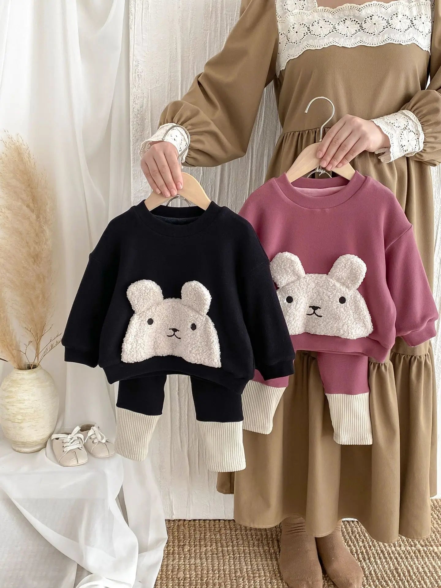 長袖セットアップ ベビーキッズトップス/パンツ うさぎバニーフェイスアップリケ長袖スウェットシャツ/切り替えパッチワークレギンスパンツ【mh0007948】