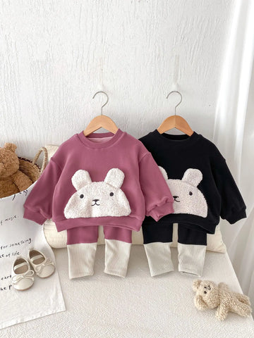 長袖セットアップ ベビーキッズトップス/パンツ うさぎバニーフェイスアップリケ長袖スウェットシャツ/切り替えパッチワークレギンスパンツ【mh0007948】
